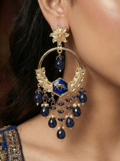 Gold Plated Traditional Kundan Drop Earrings for Women, Statement Chandbali Style Earrings with Stone Work and Beaded Dangling Drops, Festive Wedding Party Long Dangler Earrings-22