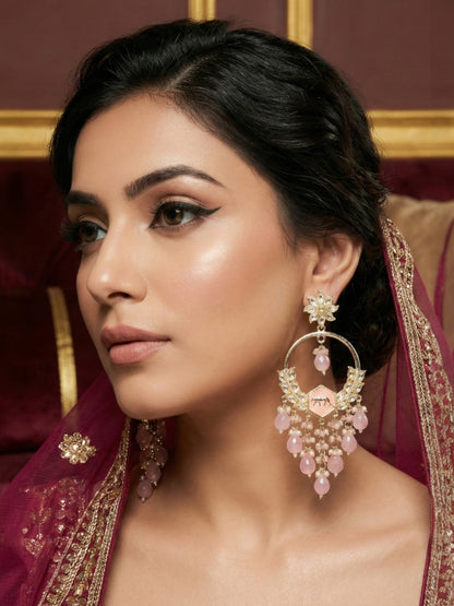 Gold Plated Traditional Kundan Drop Earrings for Women, Statement Chandbali Style Earrings with Stone Work and Beaded Dangling Drops, Festive Wedding Party Long Dangler Earrings-23
