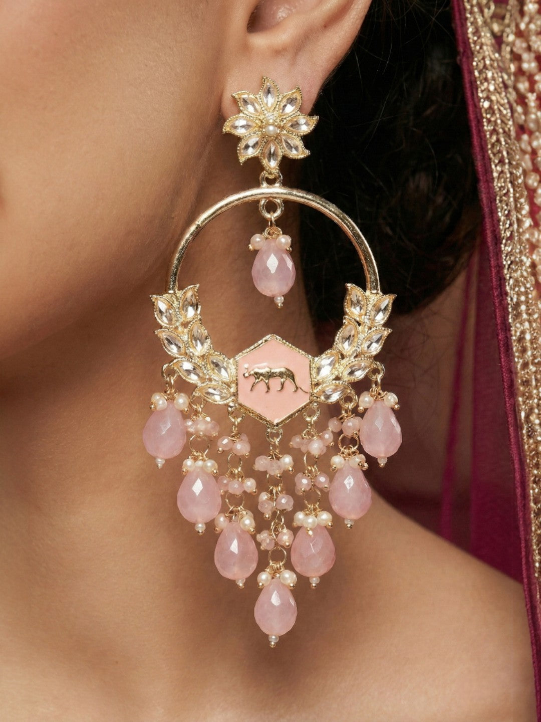 Gold Plated Traditional Kundan Drop Earrings for Women, Statement Chandbali Style Earrings with Stone Work and Beaded Dangling Drops, Festive Wedding Party Long Dangler Earrings-23