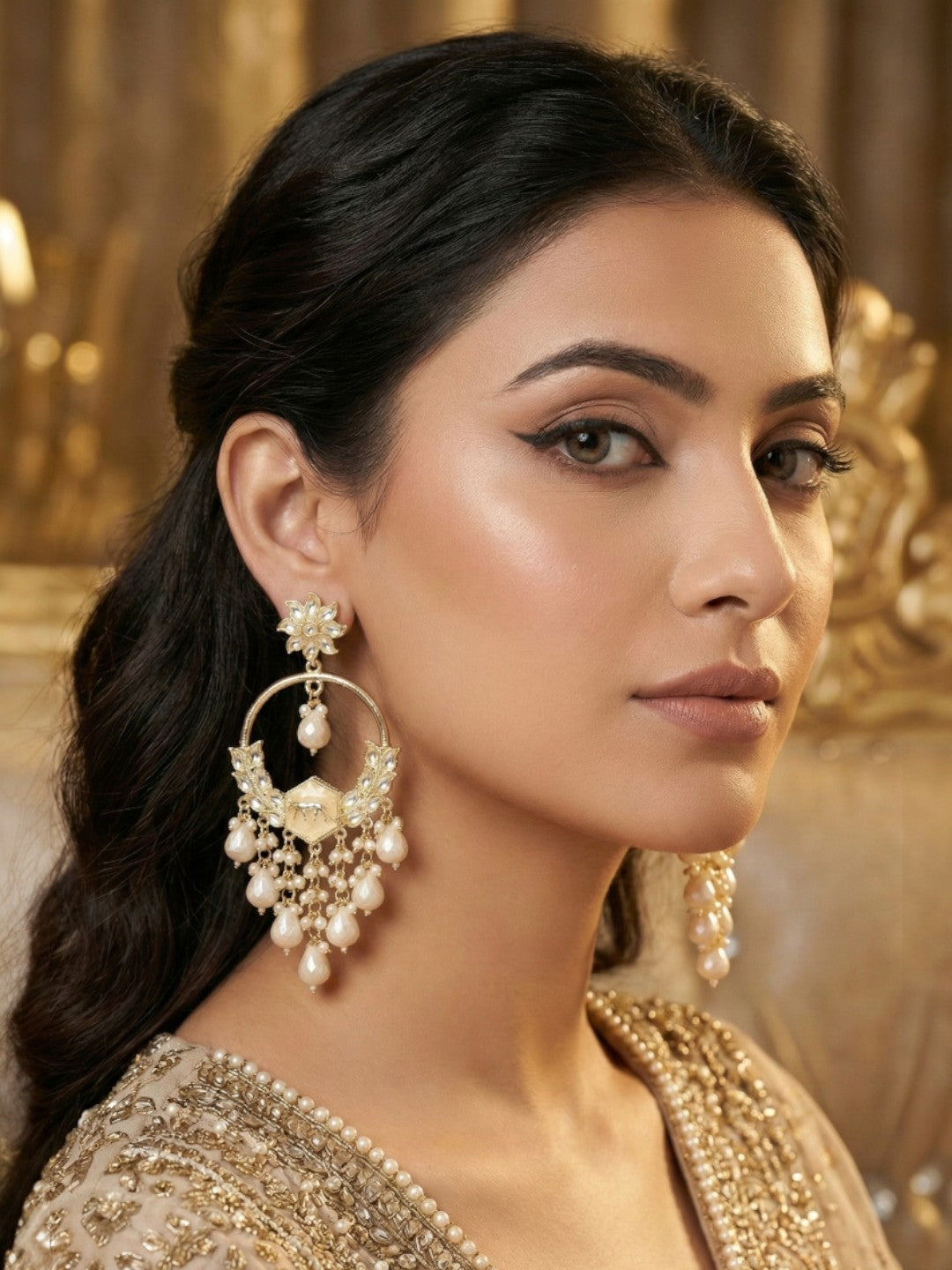 Gold Plated Traditional Kundan Drop Earrings for Women, Statement Chandbali Style Earrings with Stone Work and Beaded Dangling Drops, Festive Wedding Party Long Dangler Earrings-24