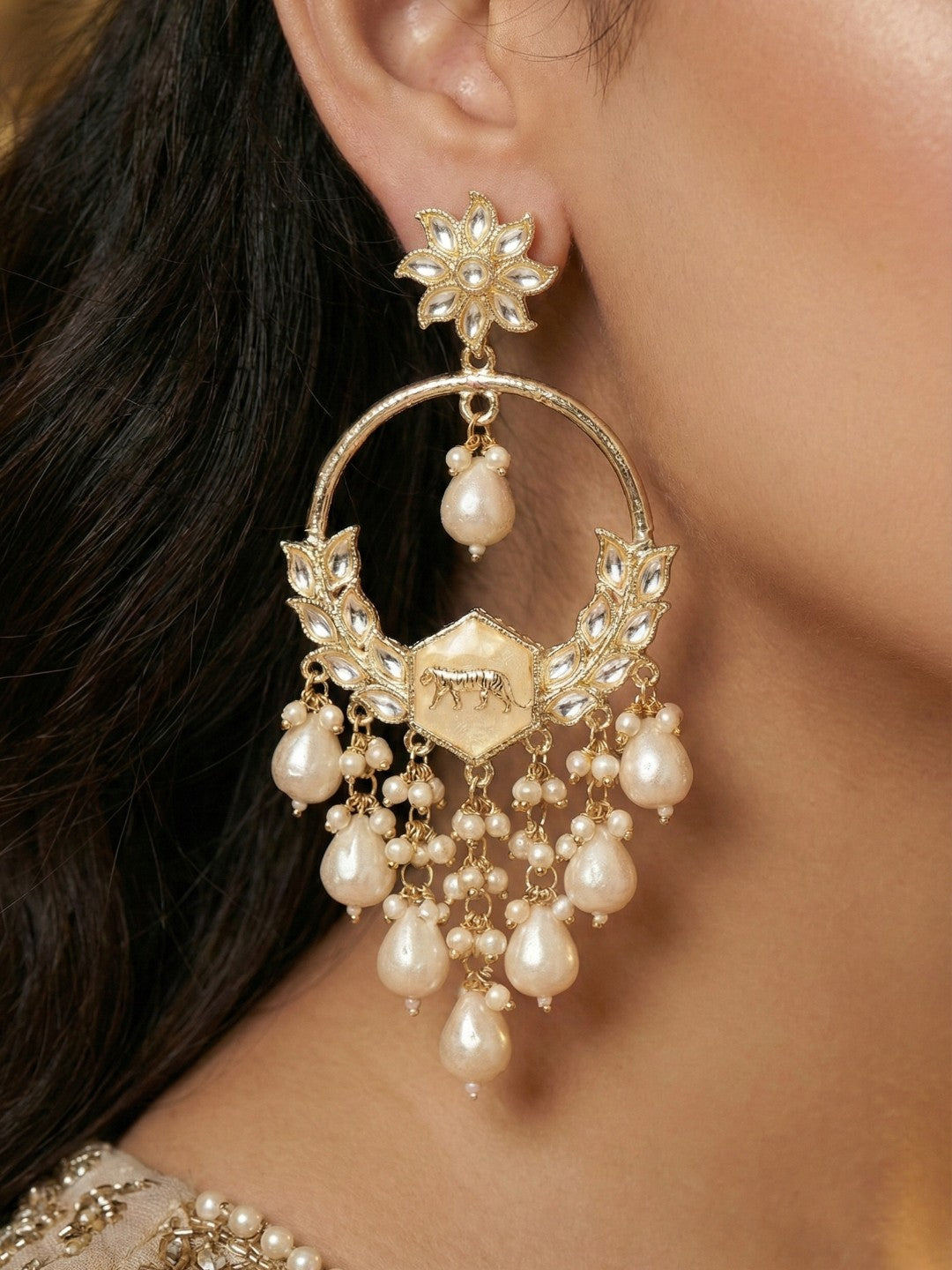 Gold Plated Traditional Kundan Drop Earrings for Women, Statement Chandbali Style Earrings with Stone Work and Beaded Dangling Drops, Festive Wedding Party Long Dangler Earrings-24