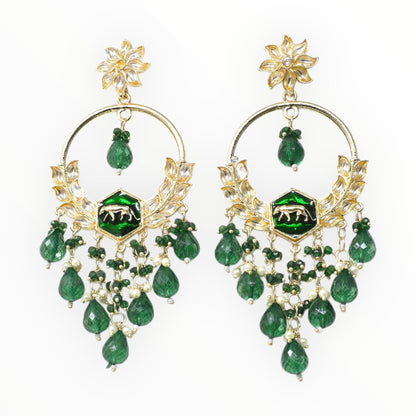 Gold Plated Traditional Kundan Drop Earrings for Women, Statement Chandbali Style Earrings with Stone Work and Beaded Dangling Drops, Festive Wedding Party Long Dangler Earrings-25