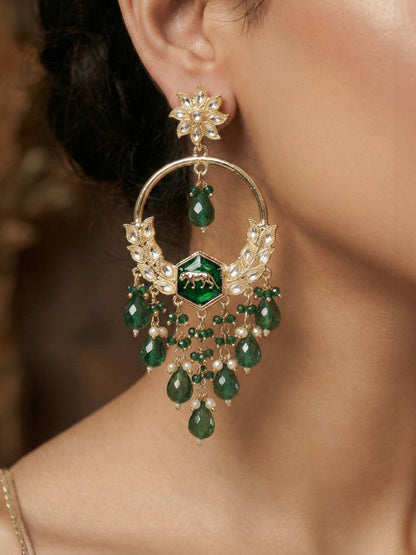 Gold Plated Traditional Kundan Drop Earrings for Women, Statement Chandbali Style Earrings with Stone Work and Beaded Dangling Drops, Festive Wedding Party Long Dangler Earrings-25