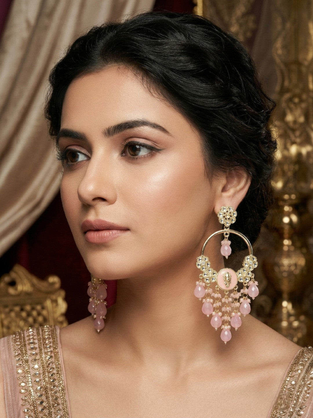 Gold Plated Traditional Kundan Drop Earrings for Women, Statement Chandbali Style Earrings with Stone Work and Beaded Dangling Drops, Festive Wedding Party Long Dangler Earrings-29