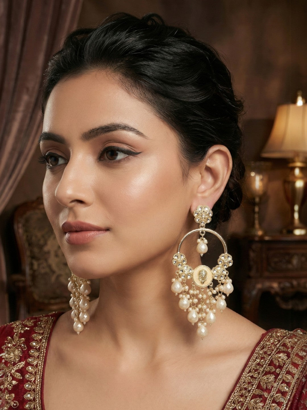 Gold Plated Traditional Kundan Drop Earrings for Women, Statement Chandbali Style Earrings with Stone Work and Beaded Dangling Drops, Festive Wedding Party Long Dangler Earrings-30