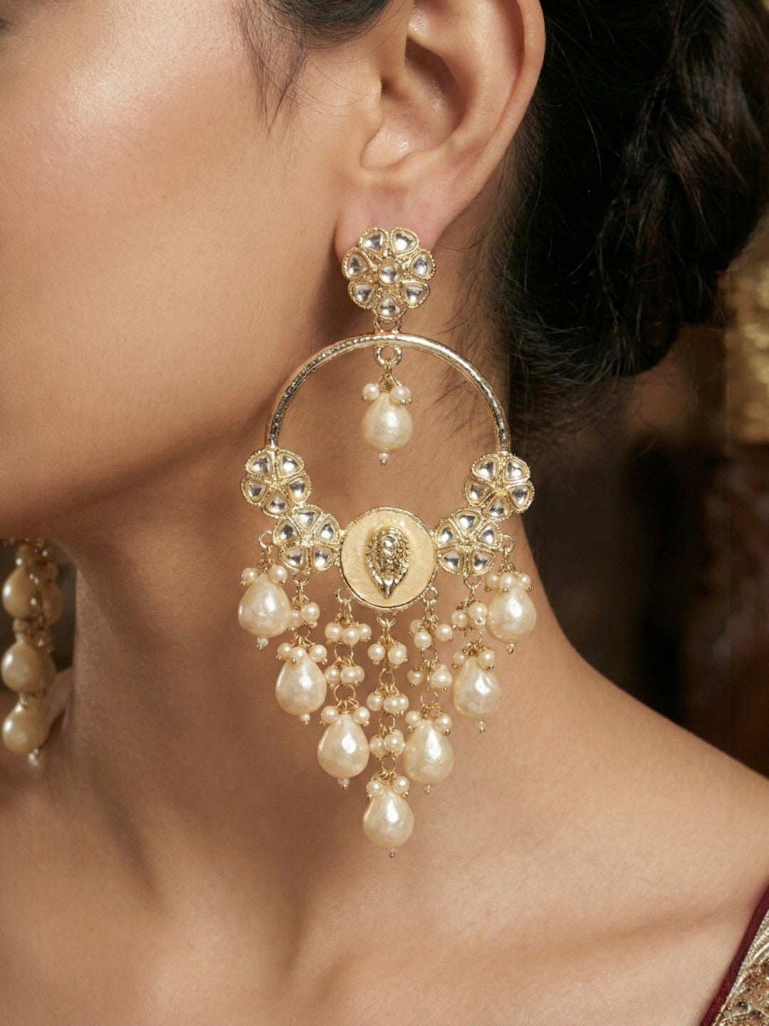 Gold Plated Traditional Kundan Drop Earrings for Women, Statement Chandbali Style Earrings with Stone Work and Beaded Dangling Drops, Festive Wedding Party Long Dangler Earrings-30
