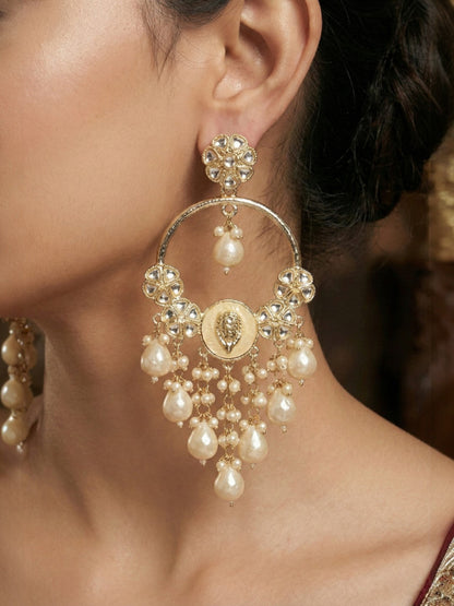 Gold Plated Traditional Kundan Drop Earrings for Women, Statement Chandbali Style Earrings with Stone Work and Beaded Dangling Drops, Festive Wedding Party Long Dangler Earrings-30