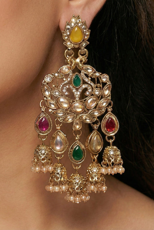 Gold Plated, Premium Multi Stylish Chandbali Jhumka Earrings for Women, Traditional Bridal Ethnic Dangling Earring with Kundan & Heavy Long Earring, Wedding Festive Party Statement Luxury Jewellery-04