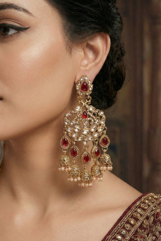 Gold Plated, Premium Polki Style Chandbali Jhumka Earrings for Women, Traditional Bridal Ethnic Dangling Earring with Kundan & Heavy Long Earring, Wedding Festive Party Statement Luxury Jewellery-05
