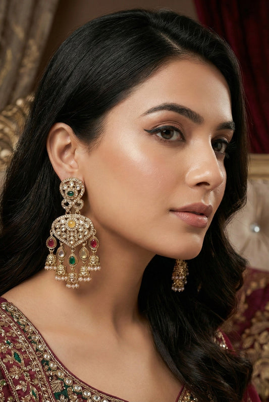 Gold Plated, Premium Multi Stylish Chandbali Jhumka Earrings for Women, Traditional Bridal Ethnic Dangling Earring with Kundan & Heavy Long Earring, Wedding Festive Party Statement Luxury Jewellery-06