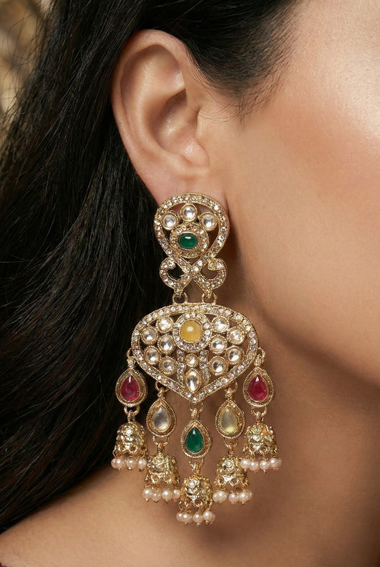 Gold Plated, Premium Multi Stylish Chandbali Jhumka Earrings for Women, Traditional Bridal Ethnic Dangling Earring with Kundan & Heavy Long Earring, Wedding Festive Party Statement Luxury Jewellery-06