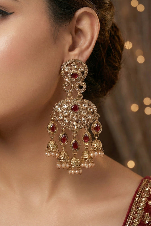 Gold Plated, Premium Polki Style Chandbali Jhumka Earrings for Women, Traditional Bridal Ethnic Dangling Earring with Kundan & Heavy Long Earring, Wedding Festive Party Statement Luxury Jewellery-07
