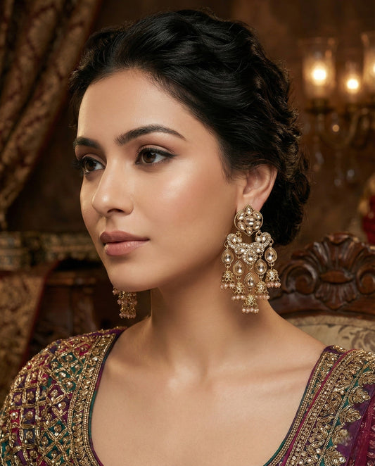 Gold Plated, Premium Polki Style Chandbali Jhumka Earrings for Women, Traditional Bridal Ethnic Dangling Earring with Kundan & Heavy Long Earring, Wedding Festive Party Statement Luxury Jewellery-08