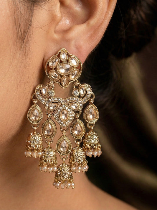 Gold Plated, Premium Polki Style Chandbali Jhumka Earrings for Women, Traditional Bridal Ethnic Dangling Earring with Kundan & Heavy Long Earring, Wedding Festive Party Statement Luxury Jewellery-08