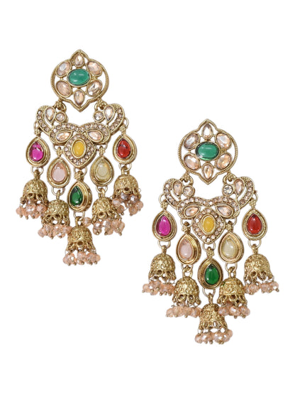 Gold Plated, Premium Multi Stylish Chandbali Jhumka Earrings for Women, Traditional Bridal Ethnic Dangling Earring with Kundan & Heavy Long Earring, Wedding Festive Party Statement Luxury Jewellery-09