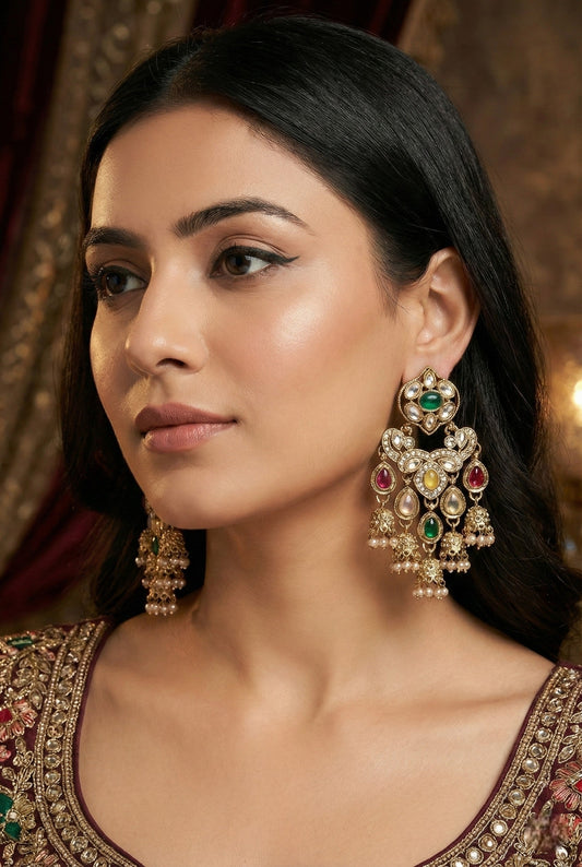 Gold Plated, Premium Multi Stylish Chandbali Jhumka Earrings for Women, Traditional Bridal Ethnic Dangling Earring with Kundan & Heavy Long Earring, Wedding Festive Party Statement Luxury Jewellery-09