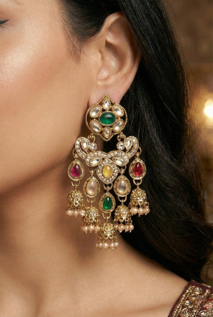 Gold Plated, Premium Multi Stylish Chandbali Jhumka Earrings for Women, Traditional Bridal Ethnic Dangling Earring with Kundan & Heavy Long Earring, Wedding Festive Party Statement Luxury Jewellery-09