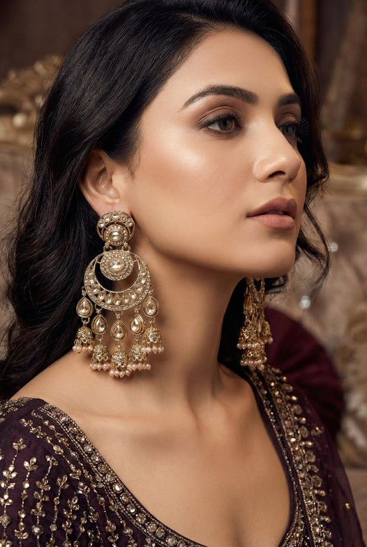 Gold Plated, Premium Polki Style Chandbali Jhumka Earrings for Women, Traditional Bridal Ethnic Dangling Earring with Kundan & Heavy Long Earring, Wedding Festive Party Statement Luxury Jewellery-10
