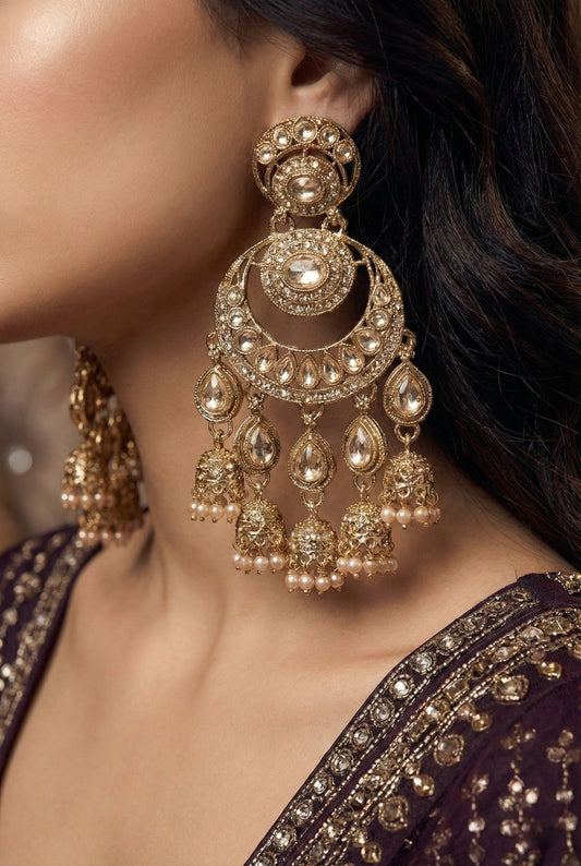Gold Plated, Premium Polki Style Chandbali Jhumka Earrings for Women, Traditional Bridal Ethnic Dangling Earring with Kundan & Heavy Long Earring, Wedding Festive Party Statement Luxury Jewellery-10