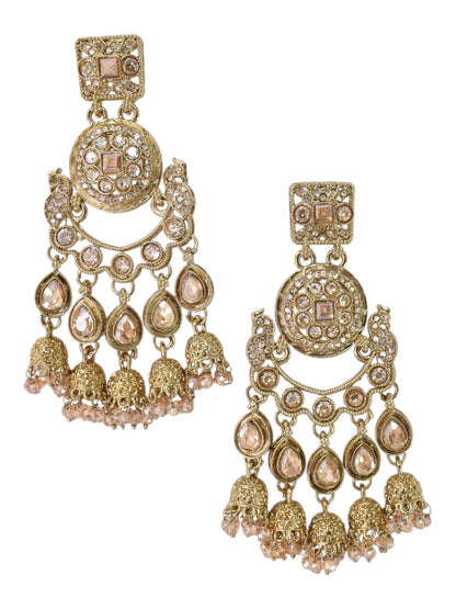 Gold Plated, Premium Polki Style Chandbali Jhumka Earrings for Women, Traditional Bridal Ethnic Dangling Earring with Kundan & Heavy Long Earring, Wedding Festive Party Statement Luxury Jewellery-11
