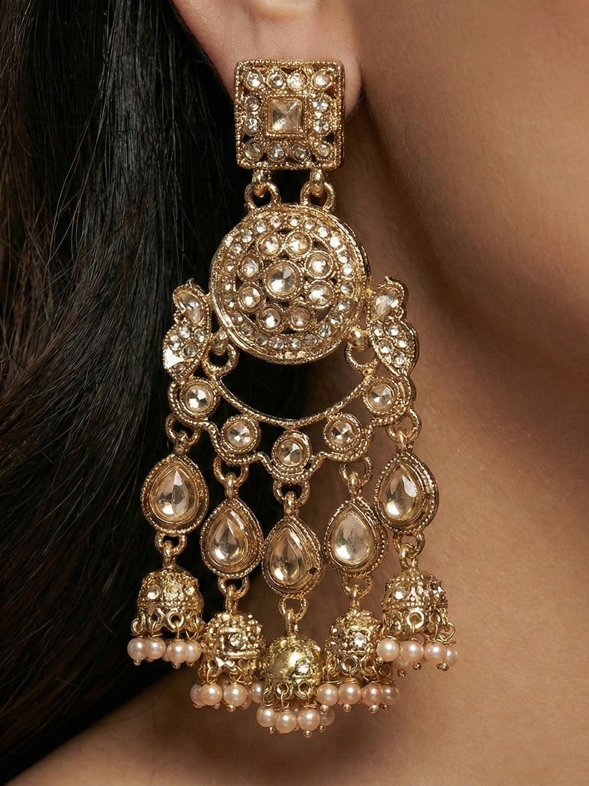 Gold Plated, Premium Polki Style Chandbali Jhumka Earrings for Women, Traditional Bridal Ethnic Dangling Earring with Kundan & Heavy Long Earring, Wedding Festive Party Statement Luxury Jewellery-11
