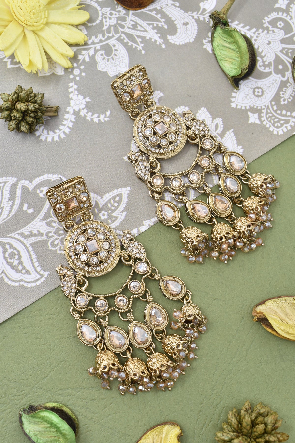 Gold Plated, Premium Polki Style Chandbali Jhumka Earrings for Women, Traditional Bridal Ethnic Dangling Earring with Kundan & Heavy Long Earring, Wedding Festive Party Statement Luxury Jewellery-11