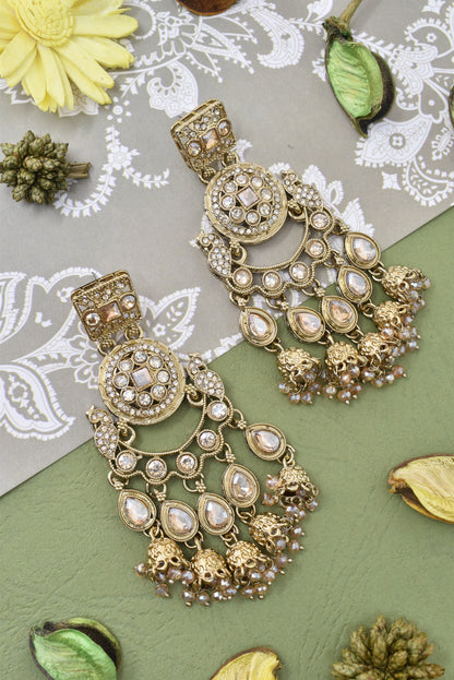 Gold Plated, Premium Polki Style Chandbali Jhumka Earrings for Women, Traditional Bridal Ethnic Dangling Earring with Kundan & Heavy Long Earring, Wedding Festive Party Statement Luxury Jewellery-11