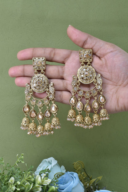 Gold Plated, Premium Polki Style Chandbali Jhumka Earrings for Women, Traditional Bridal Ethnic Dangling Earring with Kundan & Heavy Long Earring, Wedding Festive Party Statement Luxury Jewellery-11