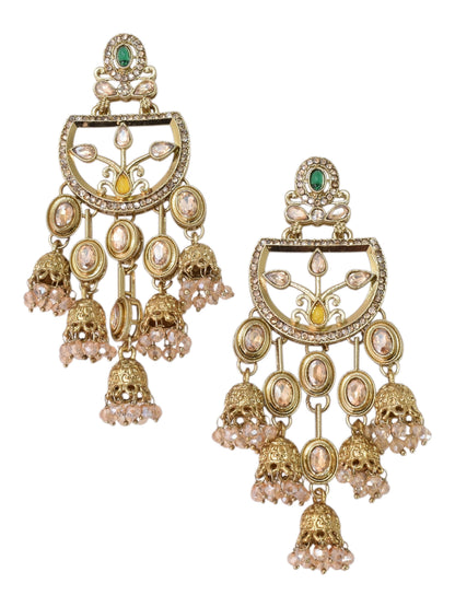 Gold Plated, Premium Multi Stylish Chandbali Jhumka Earrings for Women, Traditional Bridal Ethnic Dangling Earring with Kundan & Heavy Long Earring, Wedding Festive Party Statement Luxury Jewellery-13