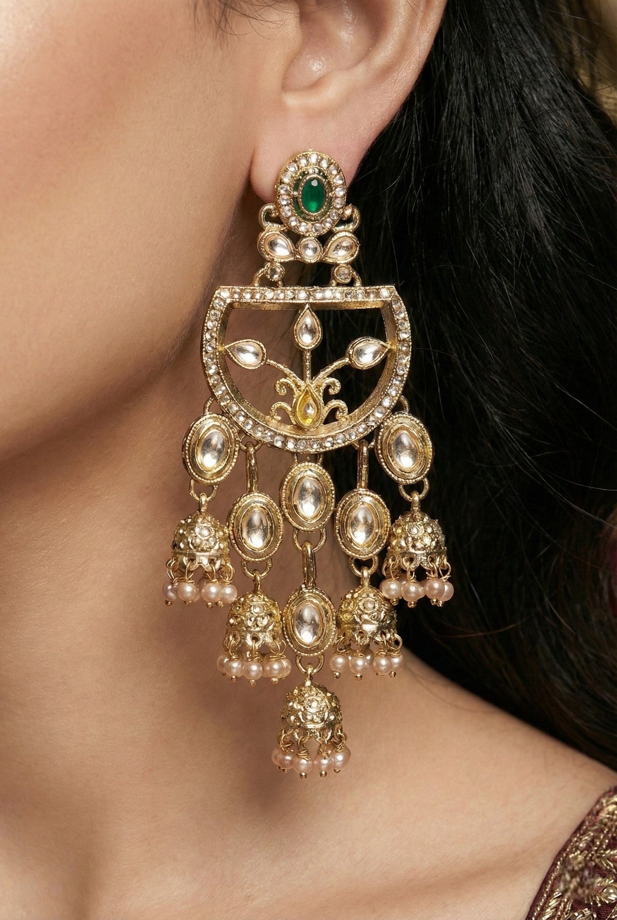 Gold Plated, Premium Multi Stylish Chandbali Jhumka Earrings for Women, Traditional Bridal Ethnic Dangling Earring with Kundan & Heavy Long Earring, Wedding Festive Party Statement Luxury Jewellery-13