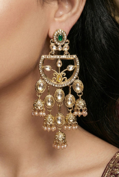 Gold Plated, Premium Multi Stylish Chandbali Jhumka Earrings for Women, Traditional Bridal Ethnic Dangling Earring with Kundan & Heavy Long Earring, Wedding Festive Party Statement Luxury Jewellery-13