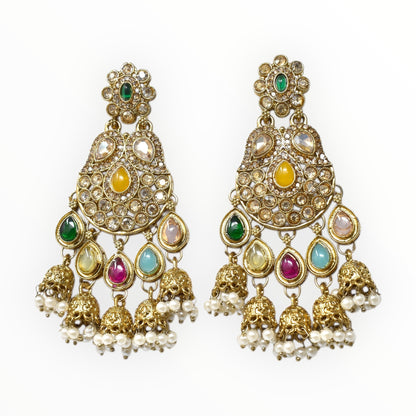 Gold Plated Traditional Kundan Drop Earrings for Women, Statement Chandbali Style Earrings with Stone Work and Beaded Dangling Drops, Festive Wedding Party Long Dangler Earrings-33