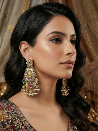 Gold Plated Traditional Kundan Drop Earrings for Women, Statement Chandbali Style Earrings with Stone Work and Beaded Dangling Drops, Festive Wedding Party Long Dangler Earrings-33