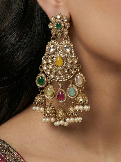 Gold Plated Traditional Kundan Drop Earrings for Women, Statement Chandbali Style Earrings with Stone Work and Beaded Dangling Drops, Festive Wedding Party Long Dangler Earrings-33