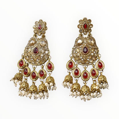 Gold Plated Traditional Kundan Drop Earrings for Women, Statement Chandbali Style Earrings with Stone Work and Beaded Dangling Drops, Festive Wedding Party Long Dangler Earrings-34