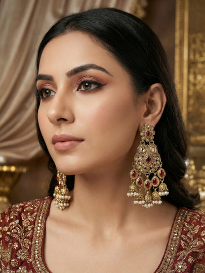 Gold Plated Traditional Kundan Drop Earrings for Women, Statement Chandbali Style Earrings with Stone Work and Beaded Dangling Drops, Festive Wedding Party Long Dangler Earrings-34