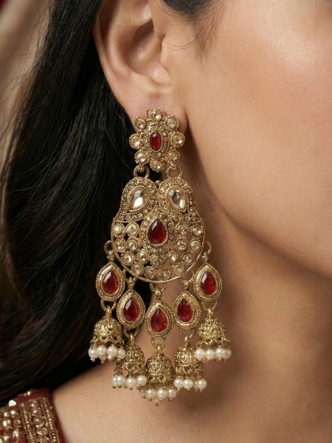 Gold Plated Traditional Kundan Drop Earrings for Women, Statement Chandbali Style Earrings with Stone Work and Beaded Dangling Drops, Festive Wedding Party Long Dangler Earrings-34