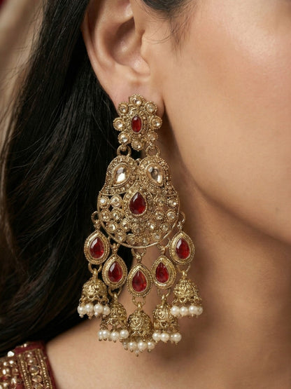 Gold Plated Traditional Kundan Drop Earrings for Women, Statement Chandbali Style Earrings with Stone Work and Beaded Dangling Drops, Festive Wedding Party Long Dangler Earrings-34