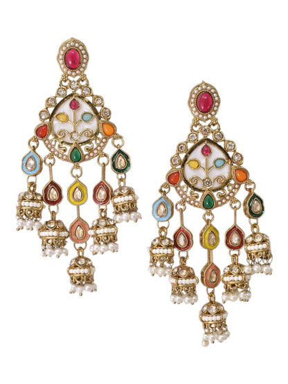 Gold Plated, Premium Multi Stylish Chandbali Jhumka Earrings for Women, Traditional Bridal Ethnic Dangling Earring with Kundan & Heavy Long Earring, Wedding Festive Party Statement Luxury Jewellery-14
