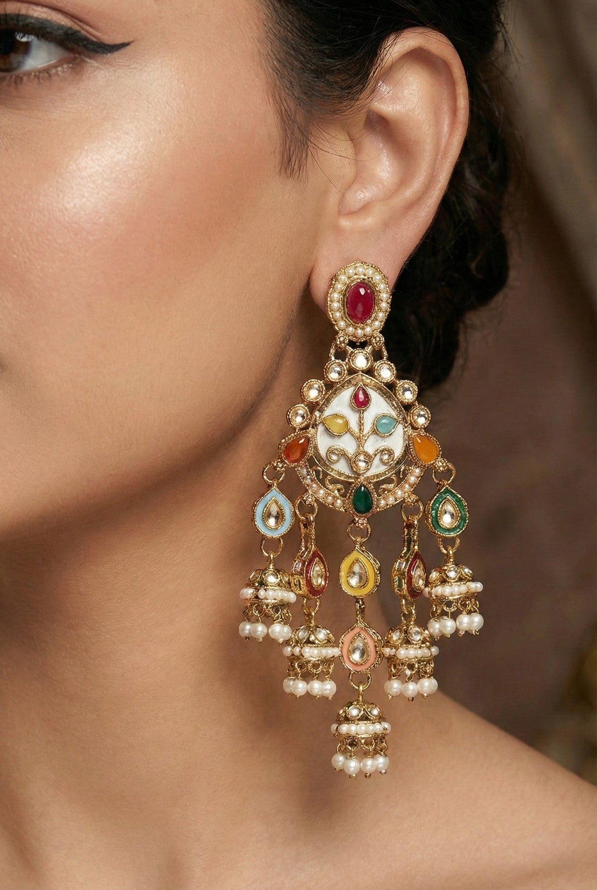 Gold Plated, Premium Multi Stylish Chandbali Jhumka Earrings for Women, Traditional Bridal Ethnic Dangling Earring with Kundan & Heavy Long Earring, Wedding Festive Party Statement Luxury Jewellery-14