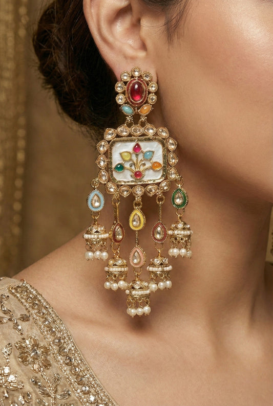 Gold Plated, Premium Multi Stylish Chandbali Jhumka Earrings for Women, Traditional Bridal Ethnic Dangling Earring with Kundan & Heavy Long Earring, Wedding Festive Party Statement Luxury Jewellery-18