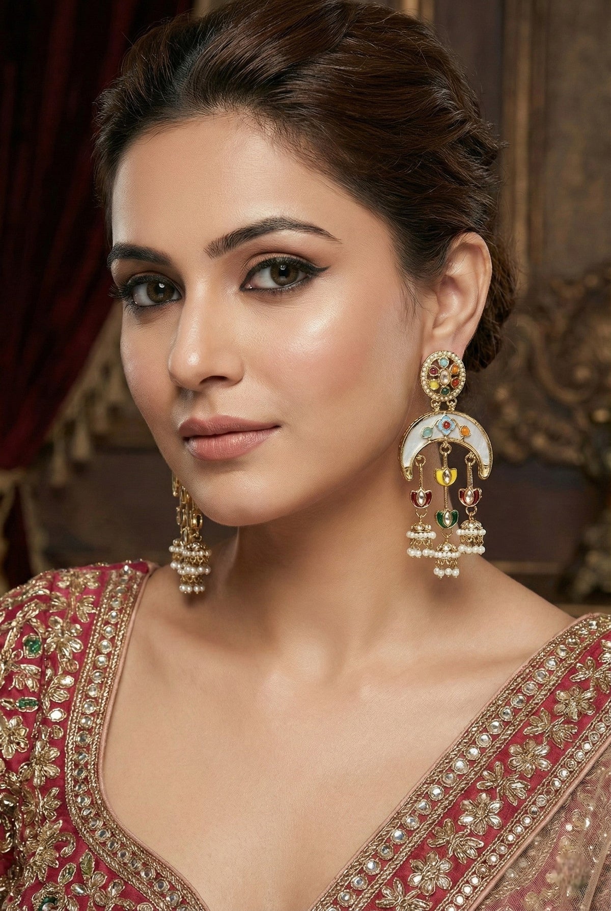 Gold Plated, Premium Multi Stylish Chandbali Jhumka Earrings for Women, Traditional Bridal Ethnic Dangling Earring with Kundan & Heavy Long Earring, Wedding Festive Party Statement Luxury Jewellery-19