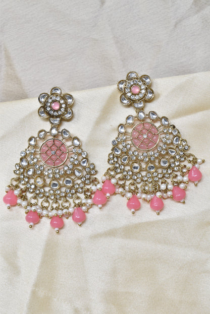 Ethnic Gold Plated Kundan Chandbali Earrings for Women, Traditional Indian Jhumka Drop Earring Set with Pearl & Stone Detailing, Perfect for Wedding, Festival, Party and Gifting
