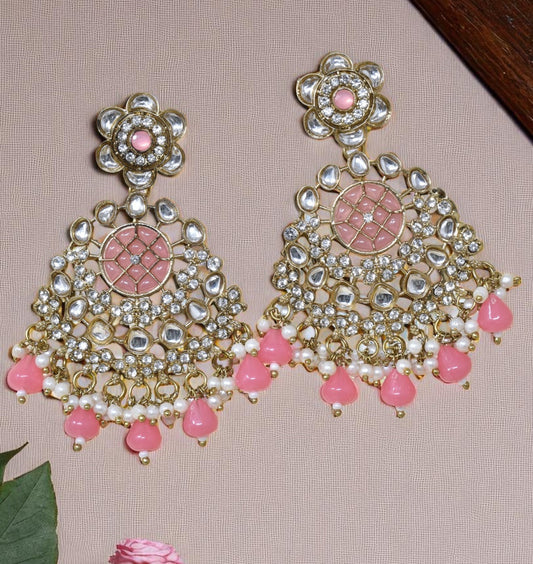 Ethnic Gold Plated Kundan Chandbali Earrings for Women, Traditional Indian Jhumka Drop Earring Set with Pearl & Stone Detailing, Perfect for Wedding, Festival, Party and Gifting
