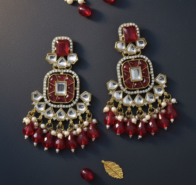 Ethnic Gold Plated Kundan Chandbali Earrings for Women, Traditional Indian Jhumka Drop Earring Set with Pearl & Stone Detailing, Perfect for Wedding, Festival, Party and Gifting