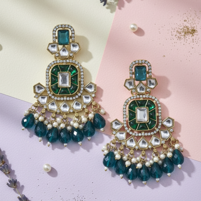 Ethnic Gold Plated Kundan Chandbali Earrings for Women, Traditional Indian Jhumka Drop Earring Set with Pearl & Stone Detailing, Perfect for Wedding, Festival, Party and Gifting