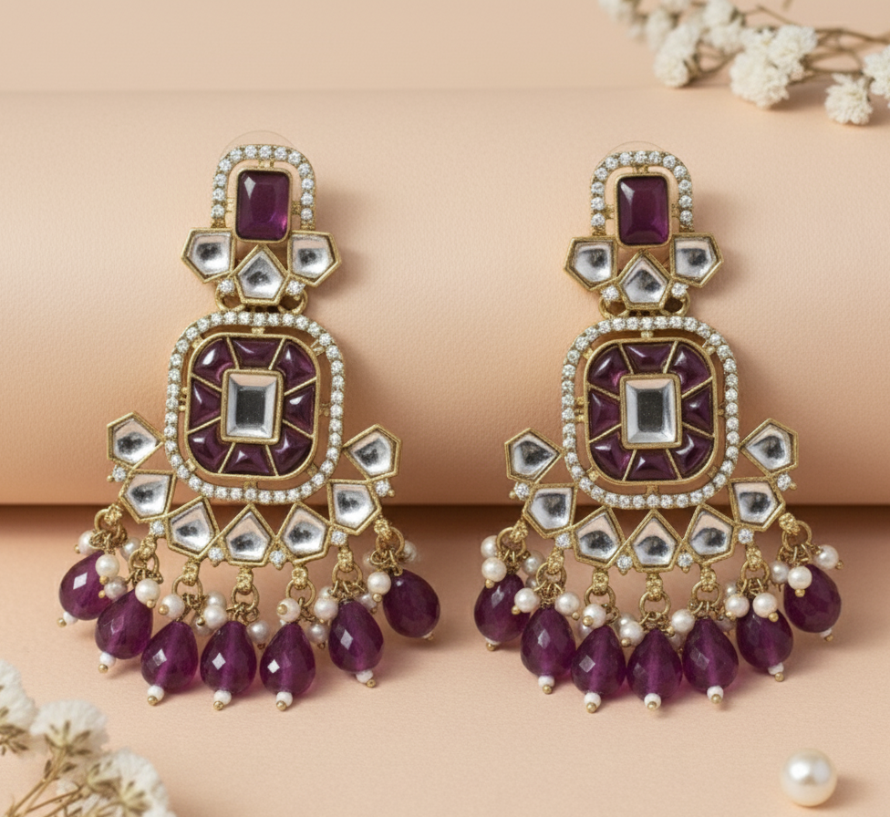 Ethnic Gold Plated Kundan Chandbali Earrings for Women, Traditional Indian Jhumka Drop Earring Set with Pearl & Stone Detailing, Perfect for Wedding, Festival, Party and Gifting