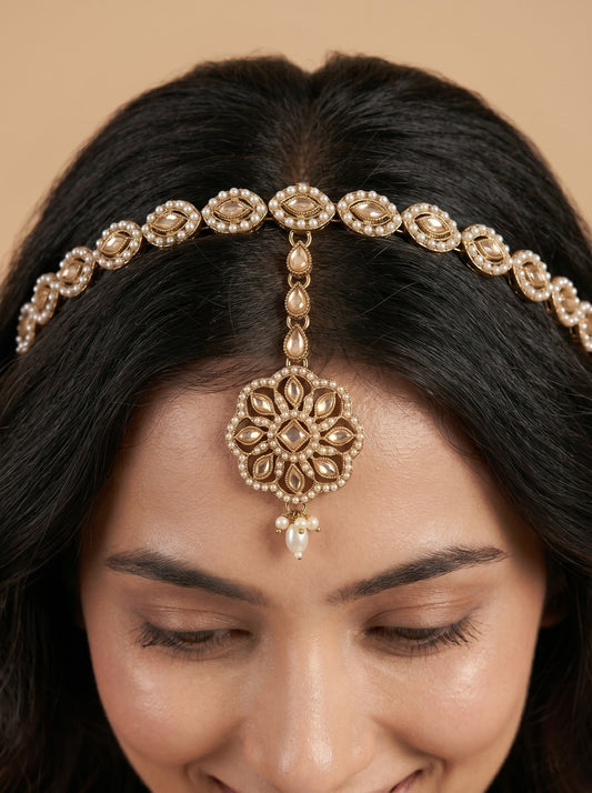Women's Traditional Pearl & Stone Studded Ethnic Maang Tikka Hair Band