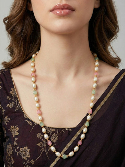 Pearl Beaded Necklace for Women, Pastel Pink Green Beads 24 inch Long Chain Necklace, Pearl Mala Necklace for Ethnic & Western Stylish Jewellery for Festive, Party, Wedding & Daily-02