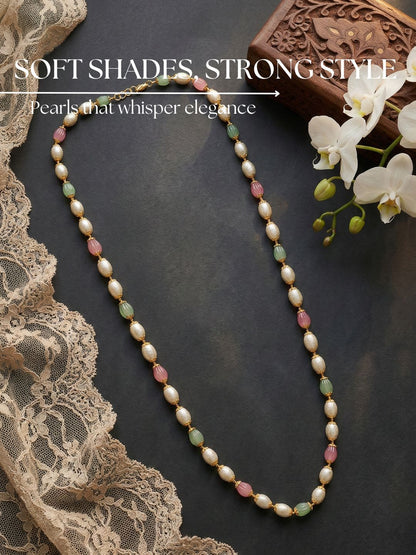 Pearl Beaded Necklace for Women, Pastel Pink Green Beads 24 inch Long Chain Necklace, Pearl Mala Necklace for Ethnic & Western Stylish Jewellery for Festive, Party, Wedding & Daily-02